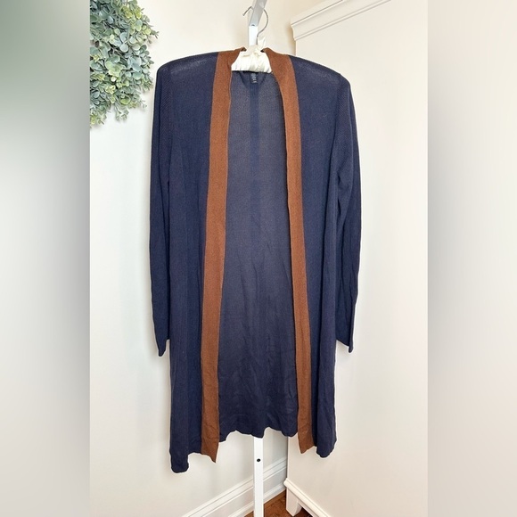 Eileen Fisher Long Open Front Sweater Cardigan in Navy and Brown Size Medium - Picture 2 of 8